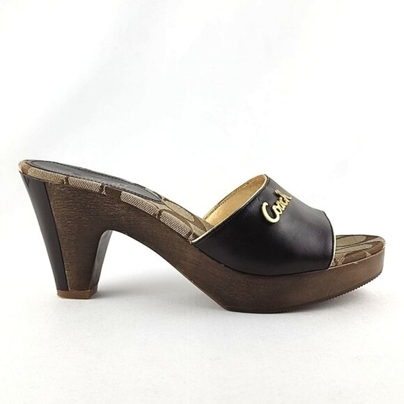 Coach Kathie Slides Dark Brown Leather Signature Log Mid Heel Size 8.5B - Picture 1 of 16